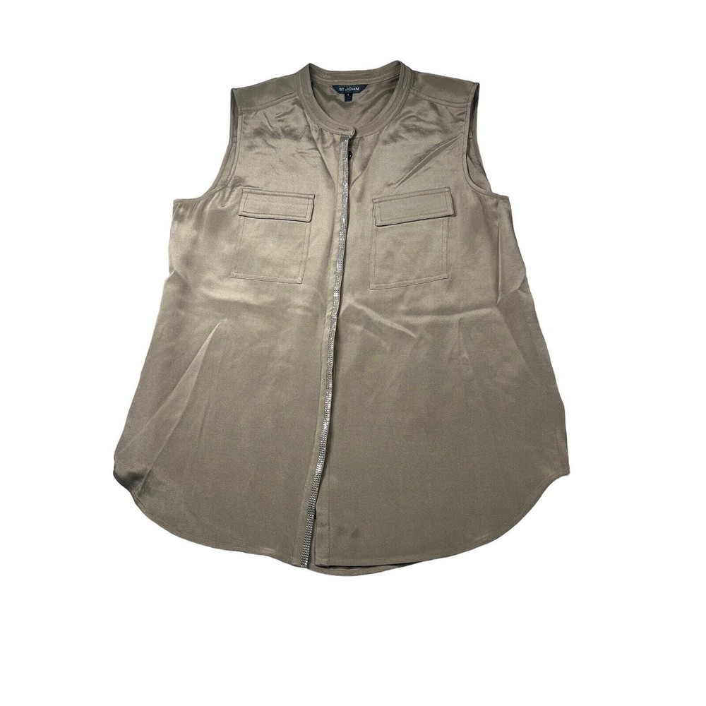 St. John size S brown button down blouse top sleeveless pockets